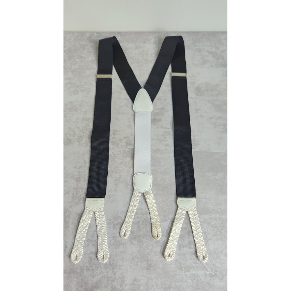 Brooks Brothers Suspenders Men XL Black White Y-Back Metal Braces Leather Trim